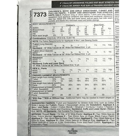 McCalls 7373 Sewing pattern Kids sweatshirt  tshirt pants shorts size 5 6 - Picture 4 of 5